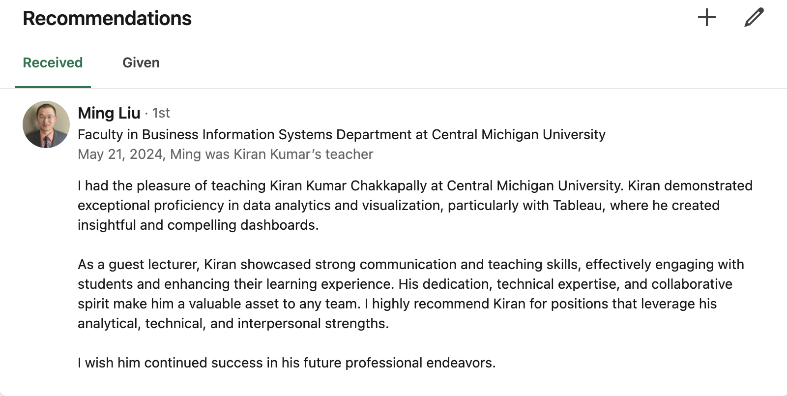 LinkedIn Recommendation from Ming Liu